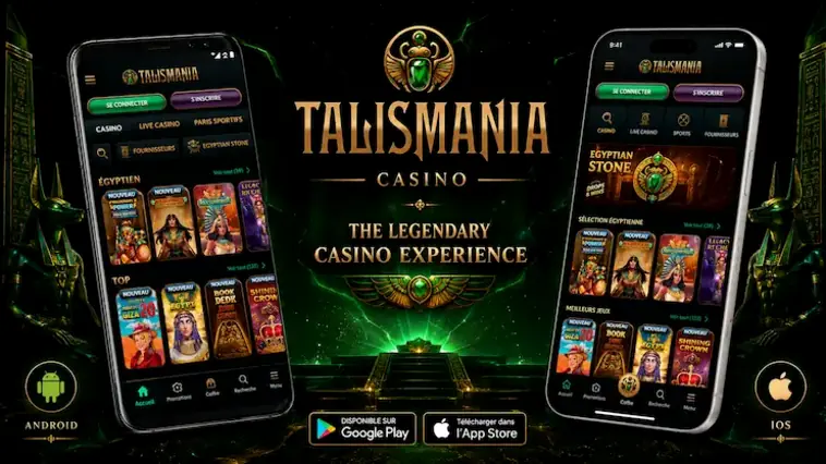 Navigation Talismania sur Android et iOS avec accès aux principales rubriques