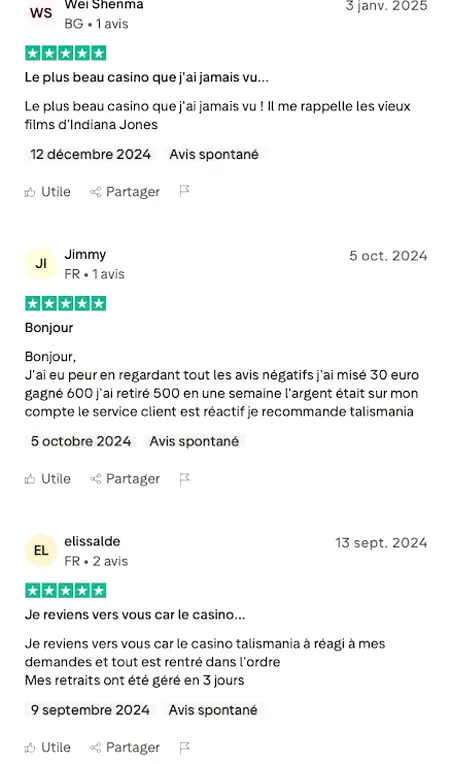 Comparaison des expériences Talismania rapportées par des utilisateurs sur Trustpilot