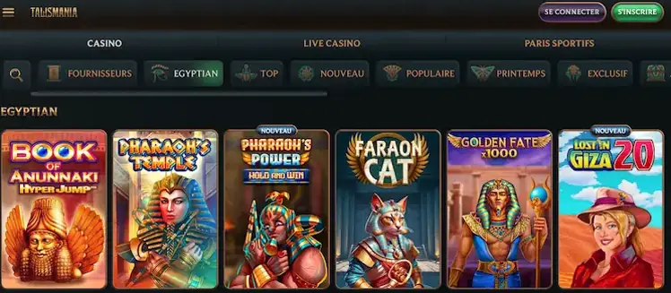 Vue générale des slots, tables et jeux live proposés par Talismania